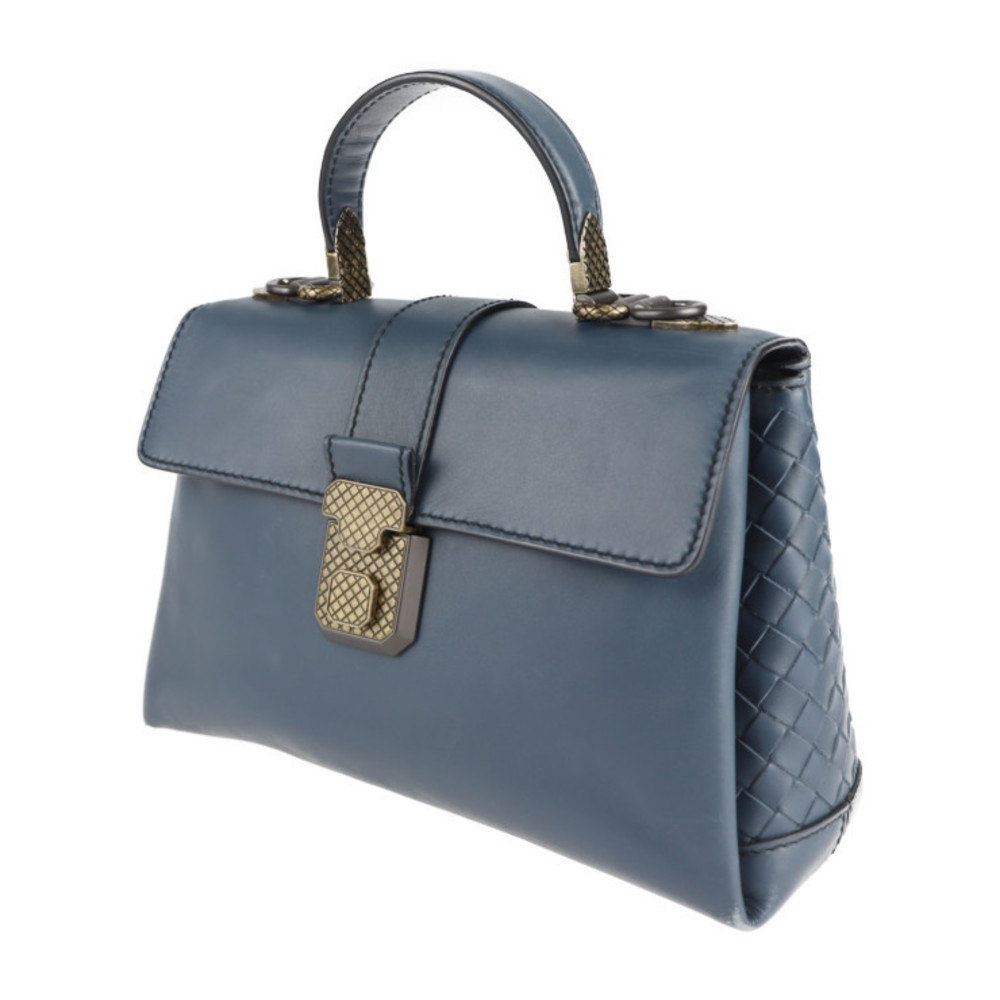 Bottega Veneta Leather Handbag Small Blue Piazza